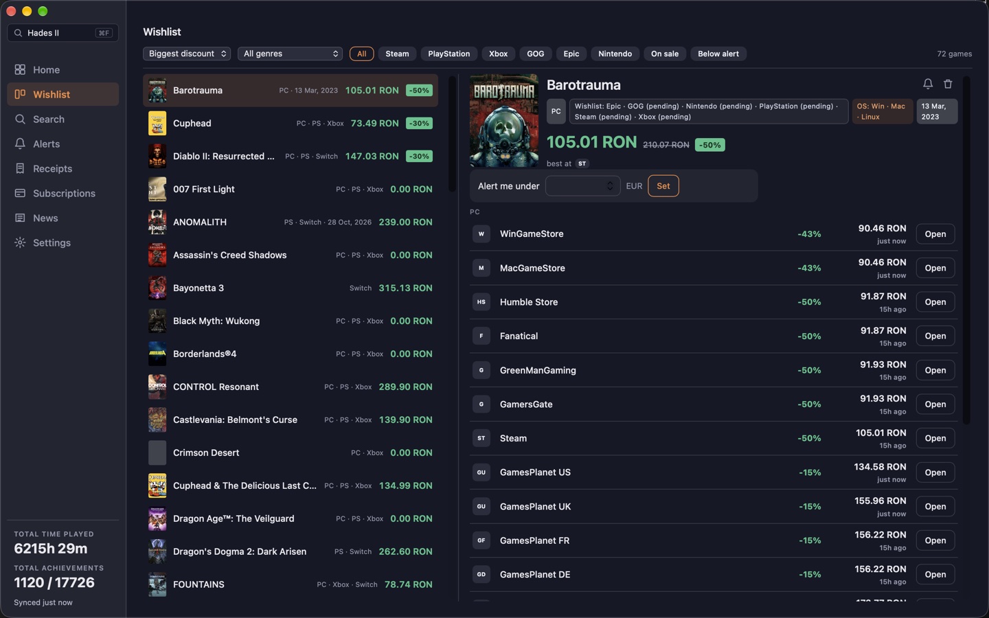 Firelink wishlist with 72 games, Barotrauma selected, showing store prices and an alert field